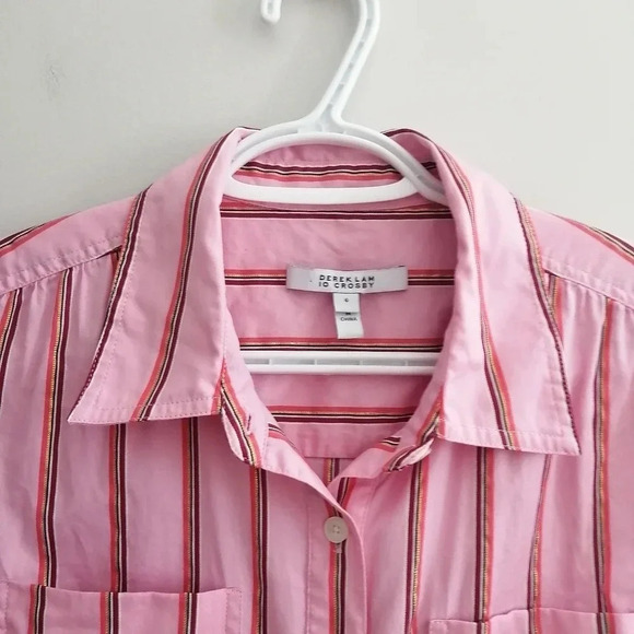 Derek Lam 10 Crosby Pink Striped Fit and Flare Shirt Dress Gathered Waist 6 - Picture 12 of 15